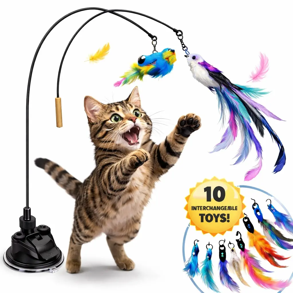 Cat Toy Wand Auto Interactive Toys for Indoor Cat 10 in 1 Hands-Free Natural Bird Feather Ball Toys, Suction Cup Pet Dancing Playing Toy