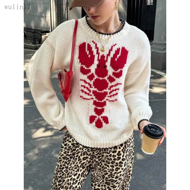 Women's Bold Lobster Print Knit Sweater - Casual Drop Shoulder Long Sleeve Round Neck Knitwear, Multi-Size Fall-Winter Sports & Outdoor Clothing
