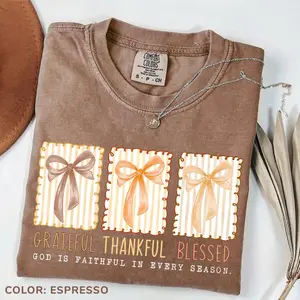 Comfort Colors Grateful Thankful Blessed T-shirt, Coquette Fall Season Tshirt, Faith Based Autumn Tee, Christian Fall Bow, Religious Fall T-shirt