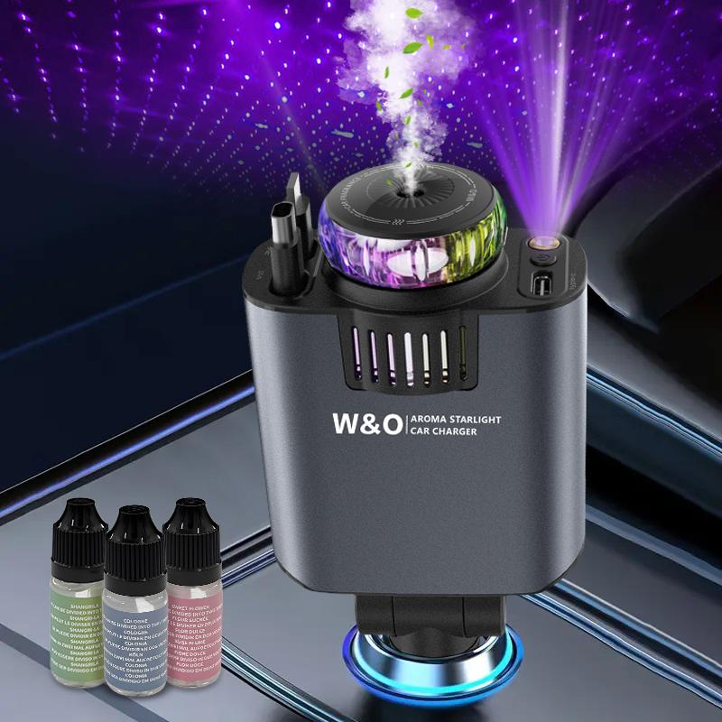 【New Airfreshener Starlight In Car Roof】5 in 1 Car Charger, Car Air Freshener with High Speed USB C Adapter with Lightning Cable & Charge Port for iPhone & Android Phone, Retractable Car Charger, Comes with 3 Bottles of Fragrance, Car Accessories