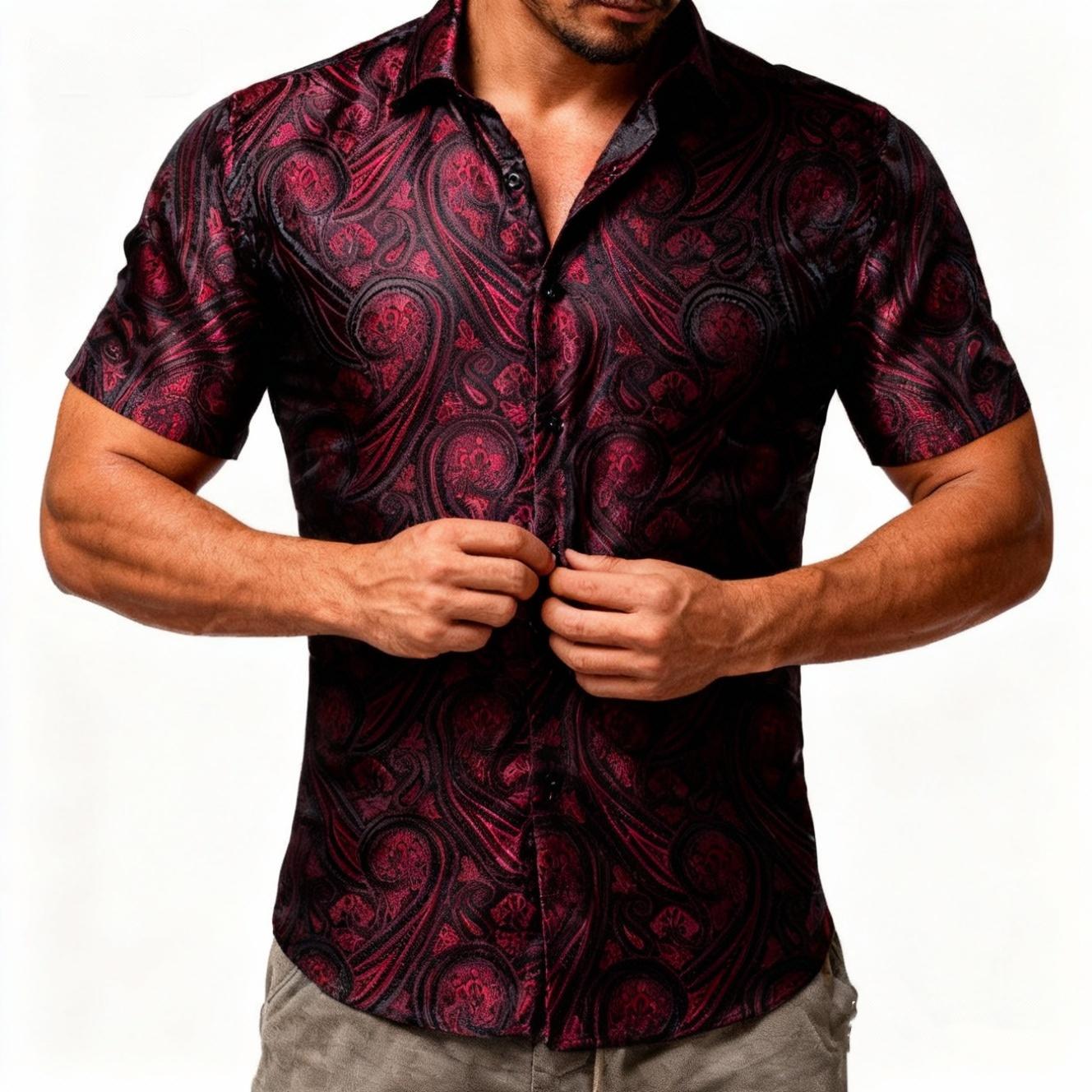 AILISUS Paisley Short-Sleeve Men's Shirt Floral Jacquard Regular Fit Casual Button Down Menswear For Wedding Party SpringStatements AILISUS Paisley Short-Sleeve Men's Shirt Floral Jacquard Regular Fit Casual Button Down Menswear For Wedding Party SpringStatements