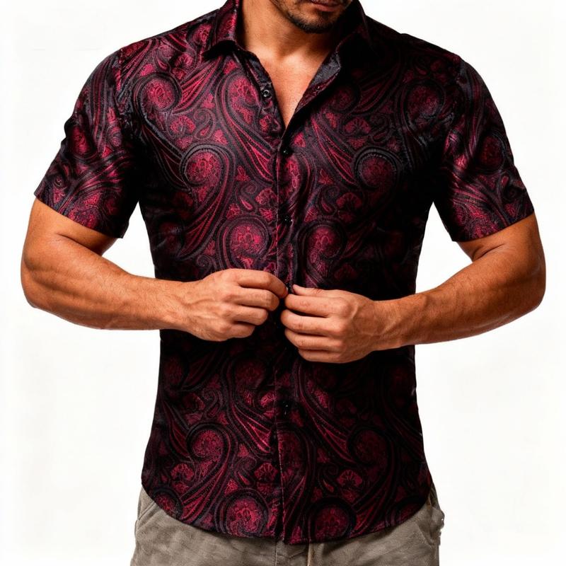 AILISUS Paisley Short-Sleeve Men's Shirt Floral Jacquard Regular Fit Casual Button Down Menswear For Wedding Party