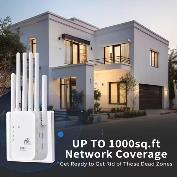 1200Mbps WiFi 6 Signal Booster And Mesh Network Extender Dual Band 2.4GHz 5GHz 6 Antenna High Speed WiFi System One Touch Control For Easy Setup Whole Home Coverage Compatible With Smart TVs Gaming Consoles Smartphones