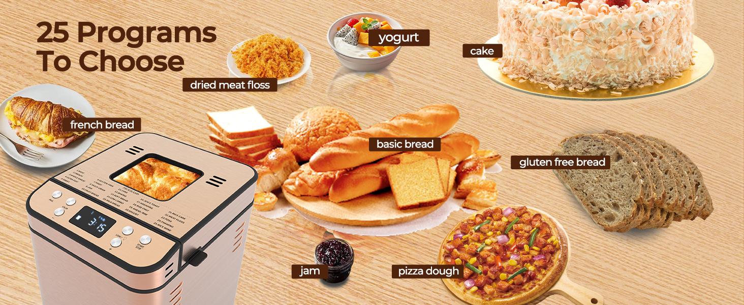 Rosewill 25-in-1 Automatic Bread Maker Machine with 3 Loaf Size up to 2LB, 700W High Power Dual Heater Bread Maker with BPA-free Nonstick Coating Pan, Max 15 Hours Delay Timer, Low Noise - Cinnamon