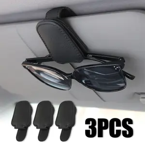 Sunglasses Holders for Car Visor, Magnetic Leather Glasses Eyeglass Clip for Car, Ticket Card Clip Sunglasses Mount, Car Visor Accessories Gadgets (3, Black)