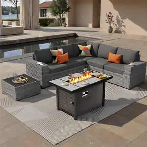 OVIOS 7-Piece Outdoor Patio Furniture Set with Fire Pit Table, Wicker Sectional Sofa with Wide Armrests, Conversation Set with Cushions for Backyard Patio Porch Deck Garden Balcony  Lounge Seating