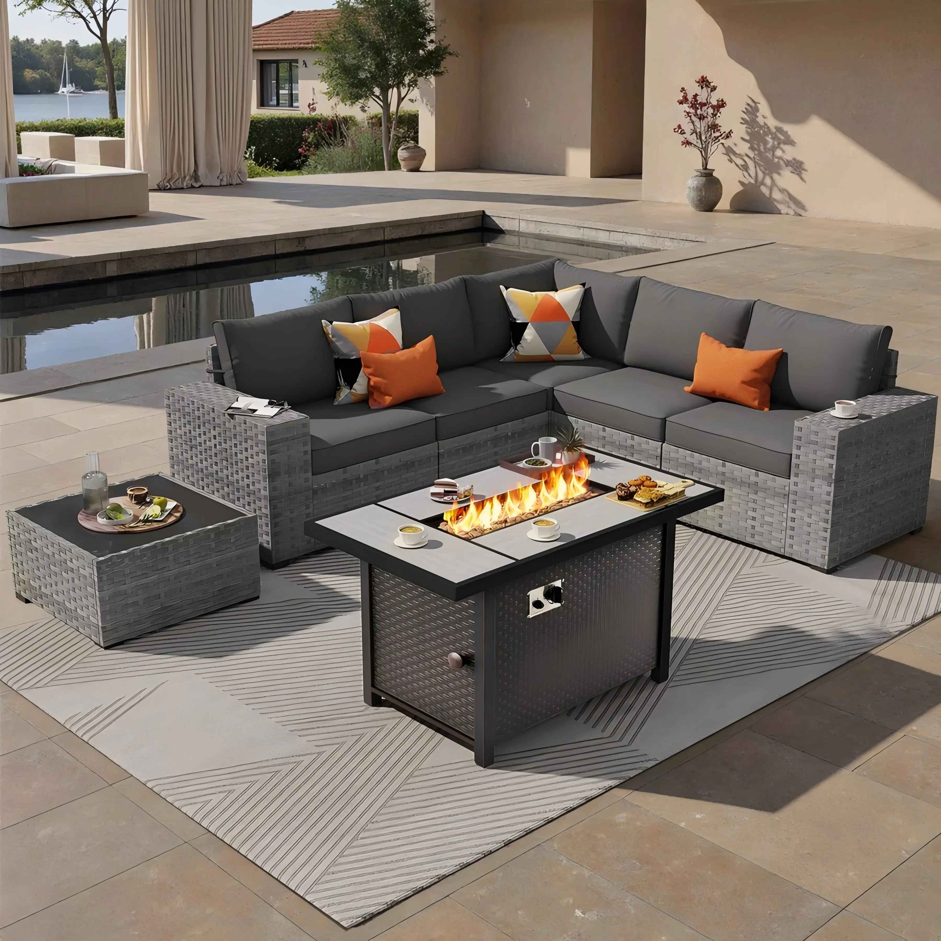 【Summerfinds】OVIOS 7-Piece Patio Furniture Set with Fire Pit Table & Extra-Wide Armrests, All-Weather PE Wicker Sectional Sofa Set with Cushions for Backyard, Patio, Deck & Porch