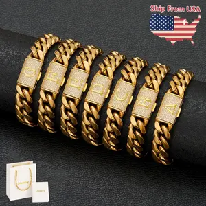 14mm Miami Cuban Link Bracelet Initial Letter A-Z 18K Real Gold Plated Stainless Steel Solid Bracelet for Mens Womens Hip Hop Jewelry 7.5in/ 8.5in