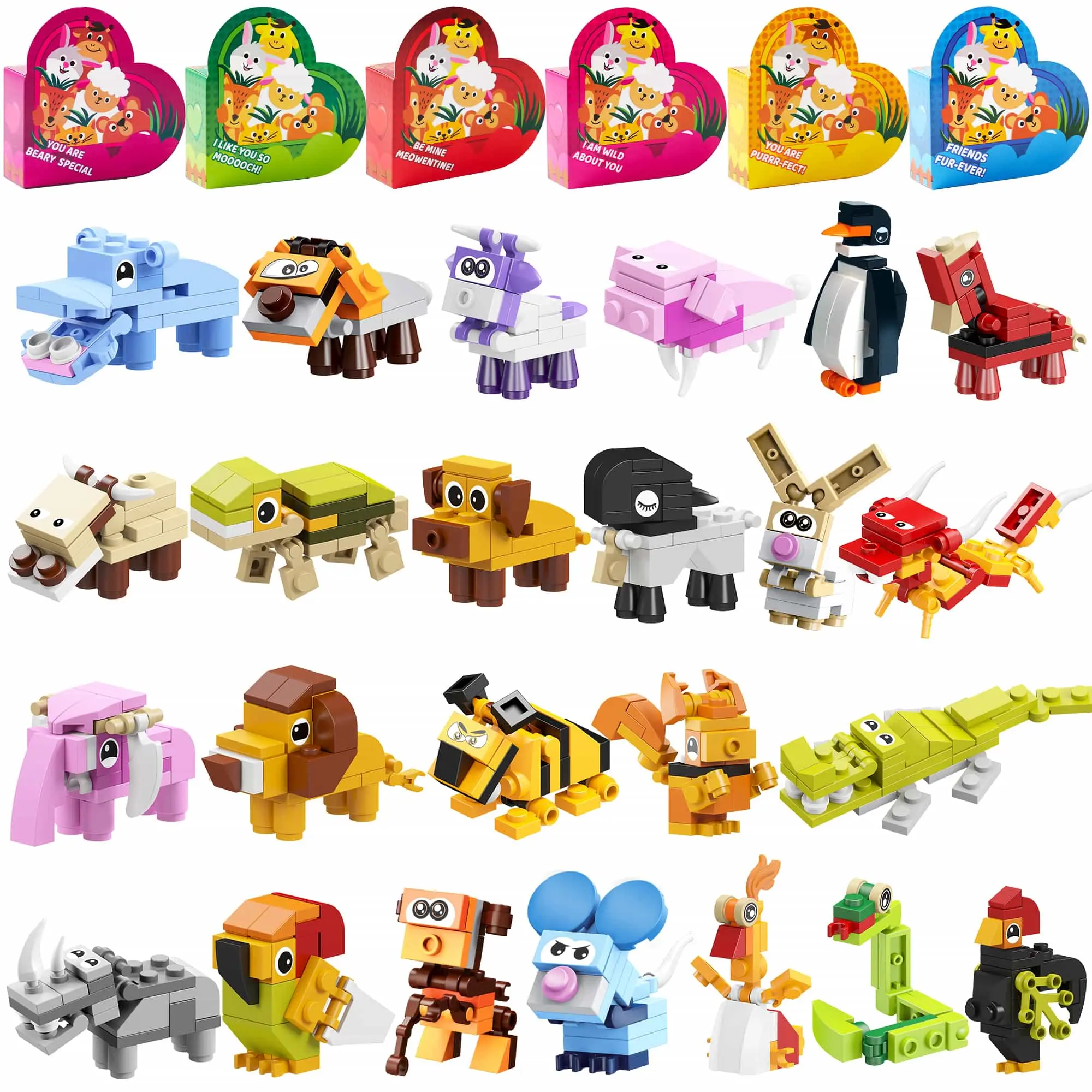 24Pcs & 26Pcs&28pcs Animal Building Blocks Valentines Cards for Kids 2025 Valentine's Day Gifts  Heart-Shaped Boxes with Love Notes Creativity Imagination Playtime & Wind-up toy&sea animals