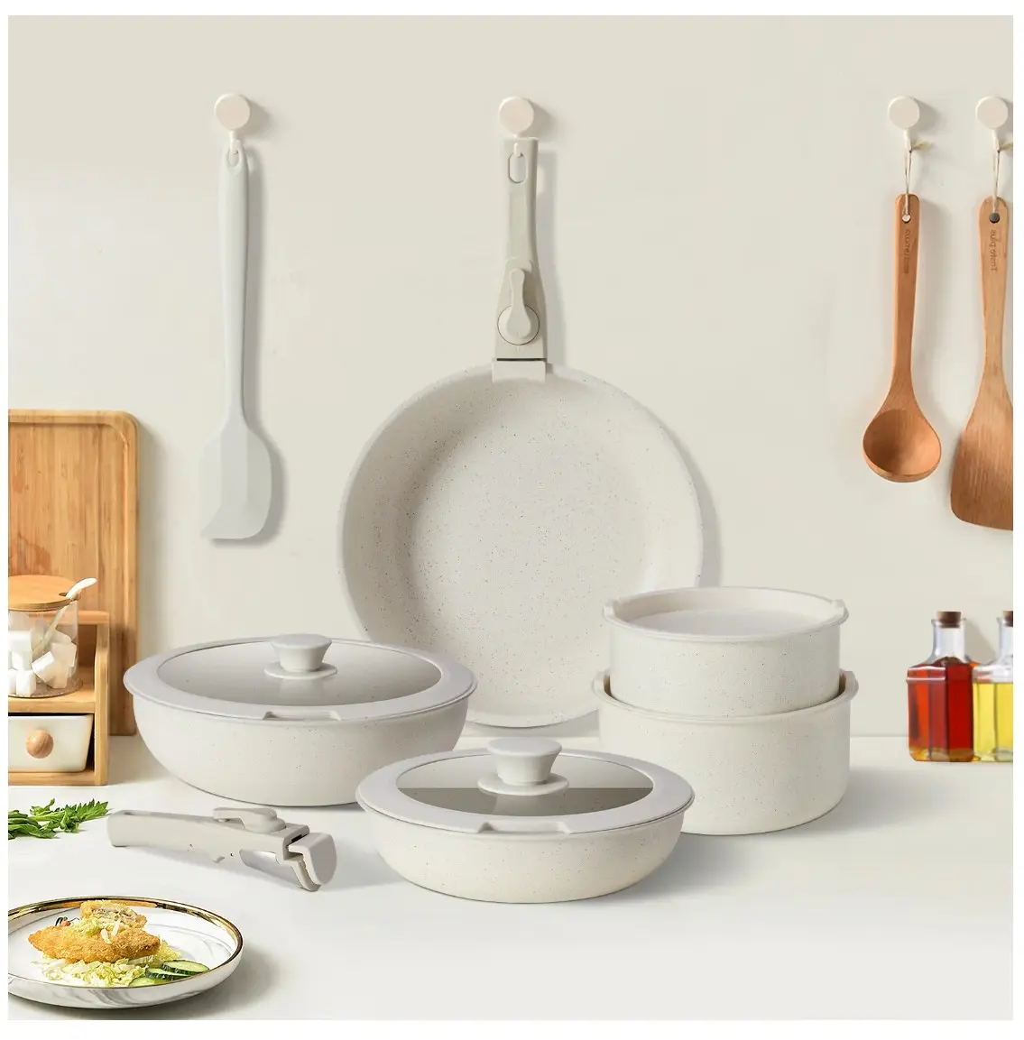 12-Piece Nonstick Pots and Pans Set, With Removable Handle, Induction Cookware, Beige Aluminium Detachable