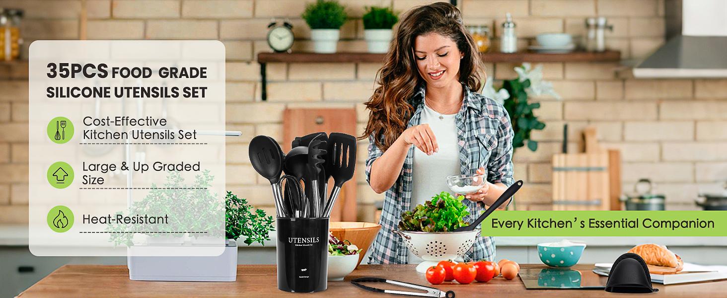 Large Cooking Utensils Set, 35 Pcs Spatula Set with Holder, Silicone Kitchen Utensils Set with Stainless Steel Handle, Cheese Grater, Scissors, Ice Cream Scoop, Pizza Cutter Kitchen Gadgets (Black) Cover Lightweight