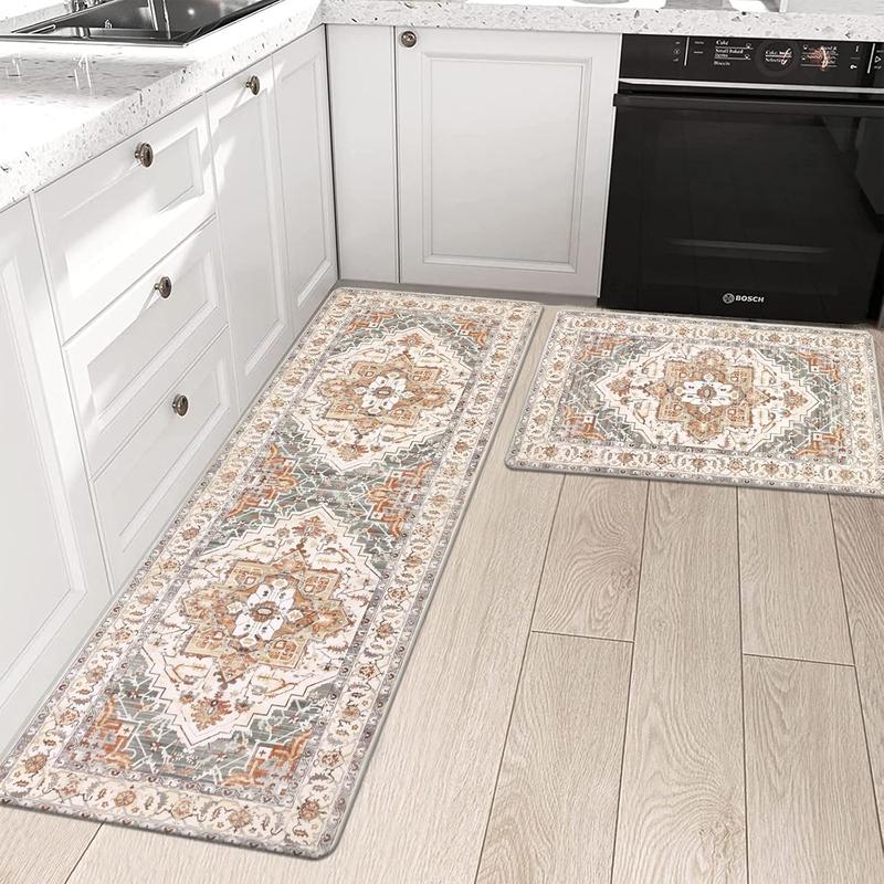 LOKHOM Boho Kitchen Mats 2 Counts Set Comfortable Soft Non-Slip Waterproof Rug 20"x31.5+20"x48" PVC Material Easy Maintenance Durable Design for Busy Households