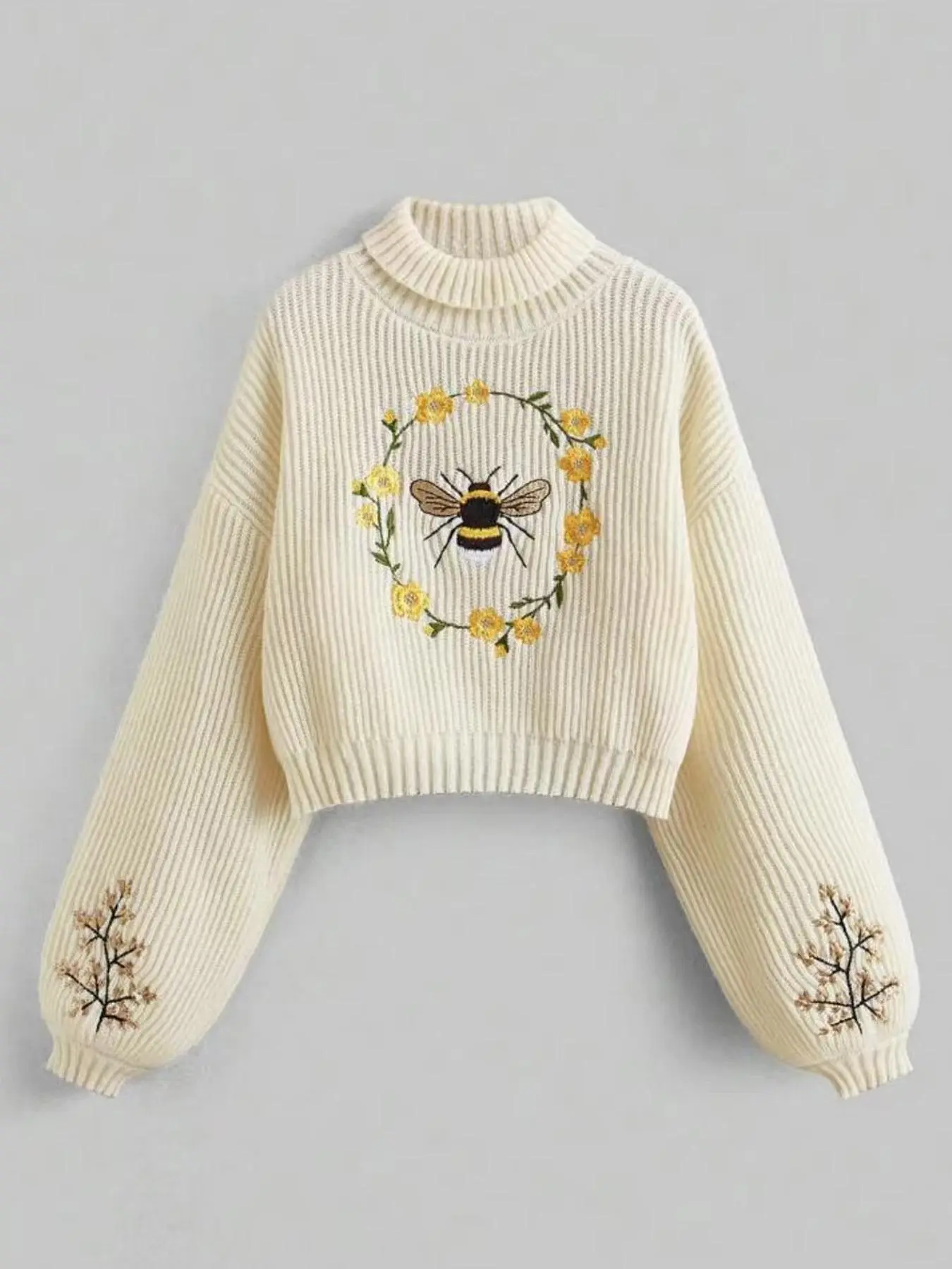 Women's Cartoon Bee Embroidery Drop Shoulder Sweater, Casual Long Sleeve High Neck Turtleneck Knitting Jumper for Spring & Fall, Autumn Knit Fashion Women's Knitwear for Daily Wear, Womenswear