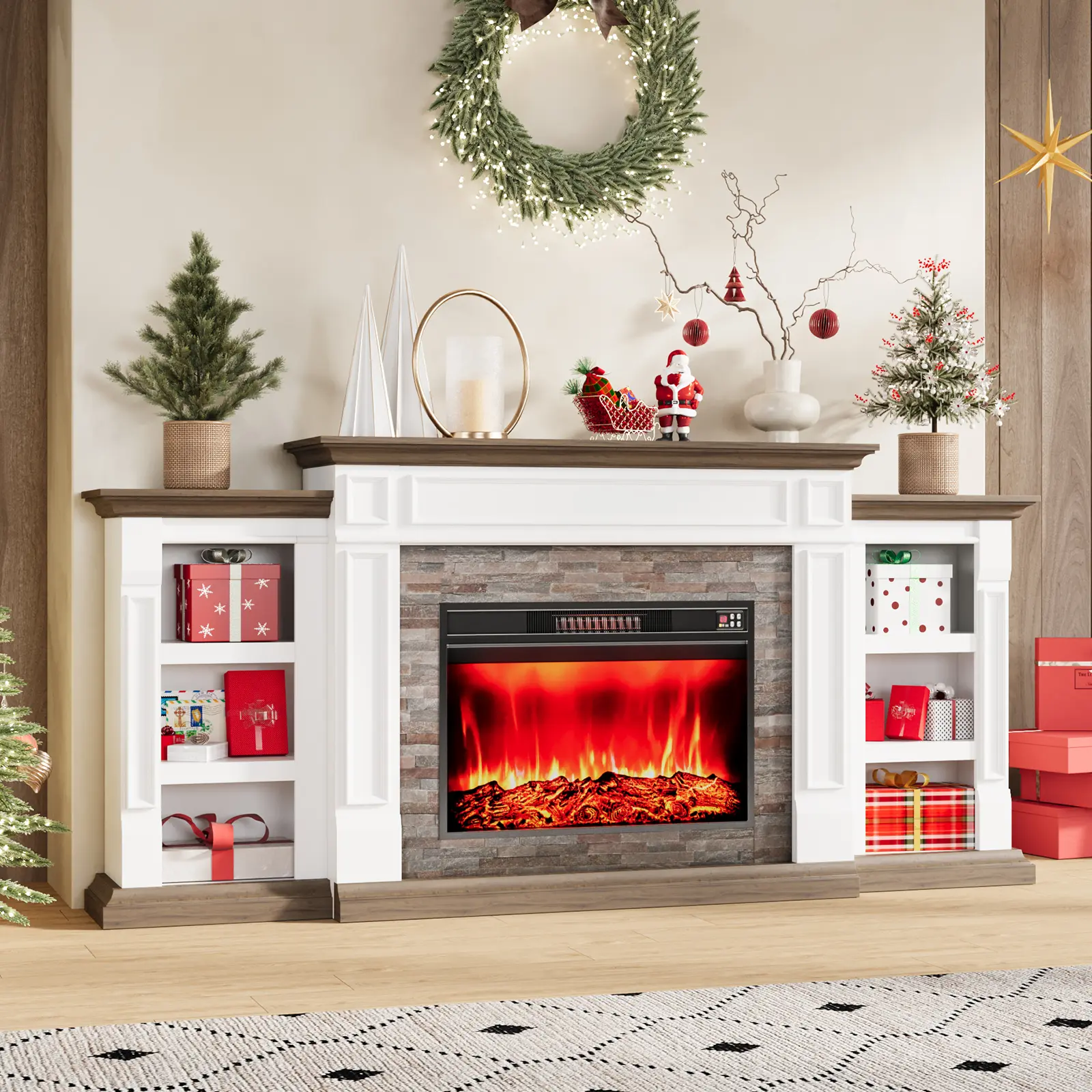 LGHM 80 inch Electric Fireplace TV Console with Mantel - Traditional Rustic Stacked Stone Look, 3D Flame Effect, Wooden Carved Decor, Fits TVs Up to 90", Modern Entertainment Center for Living Room, 13.6'' D X 80'' W X 37.6'' H