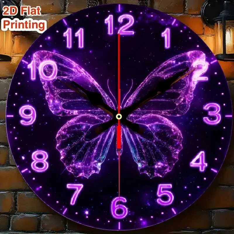 1 purple neon effect butterfly wall clock, Silent analog clock, no ticking, starry sky decorative clock, Creative decorative clock, suitable for living room, bedroom, easy-to-read numbers, perfect home and office decoration gift, made of acrylic material