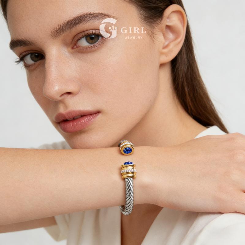 GGIRL Birthstone Stainless Steel Twisted Cable Cuff Bracelet For Men Womens, Multi-Color Cubic Zirconia 60mm Diameter  Fashion Jewelry Gift for Holiday Haul Christmas Birthdays Anniversaries