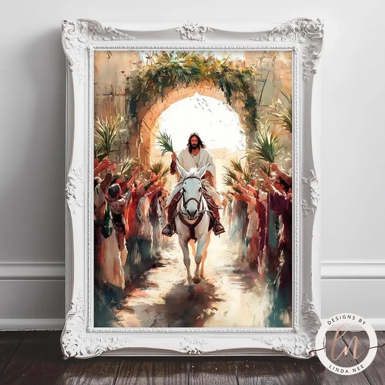 Entrada triunfal de Jesús en Jerusalén – Impresión, arte de pared para el Domingo de Ramos, arte cristiano para pared, pinturas de Semana Santa, arte bíblico.