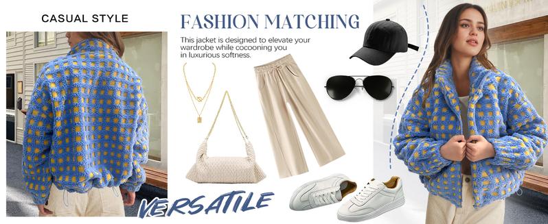 Hixiaohe Womens Checkered Sherpa Jacket Cropped Long Sleeve Plaid Fleece Coats Casual Zip Up Gingham Outwear with Pockets