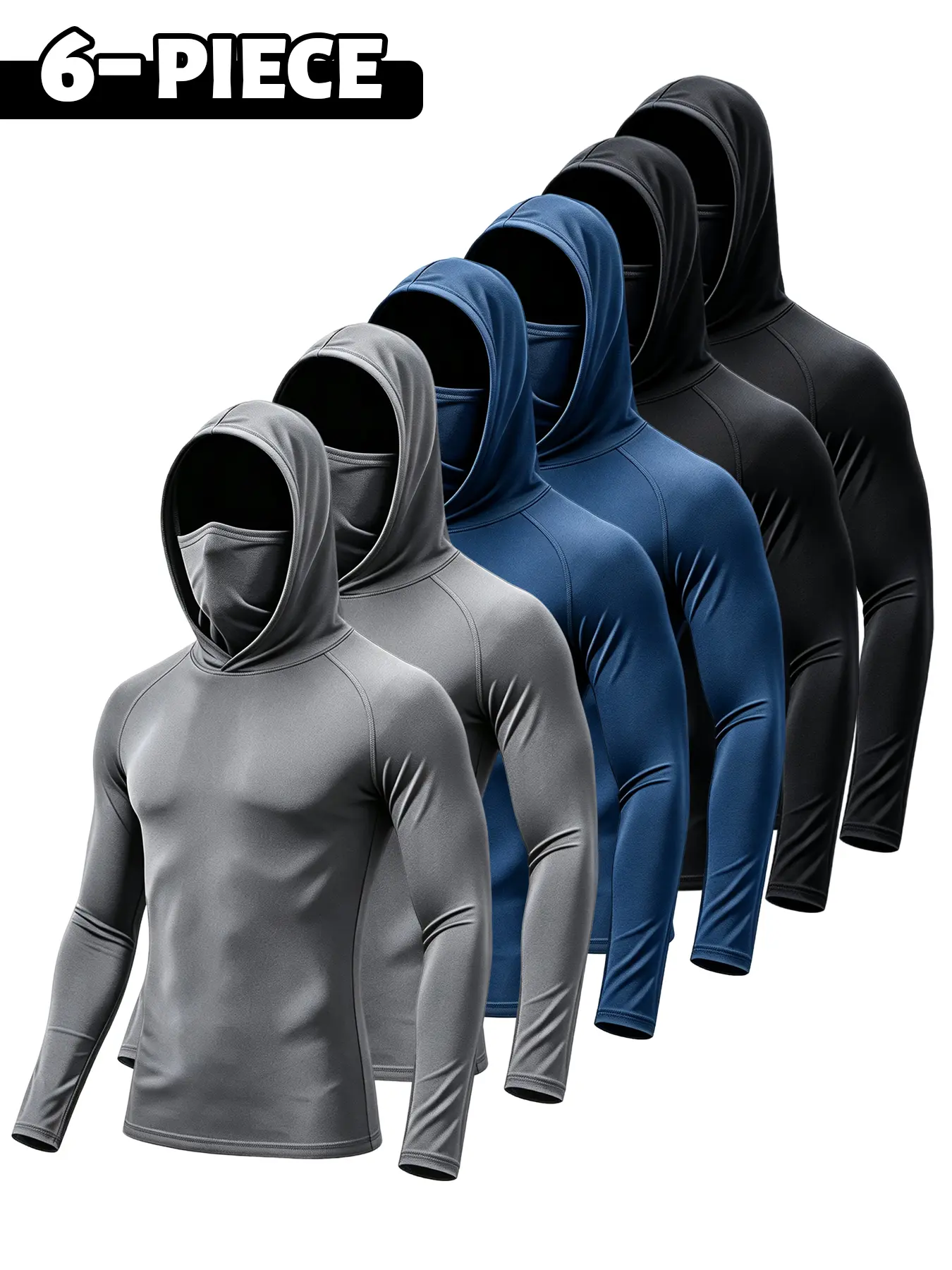 6 Pack Men's Tactical Ninja Hoodie with Built-in Mask - Lightweight Breathable Long Sleeve Riding Shirts for Motorcycle & Workout