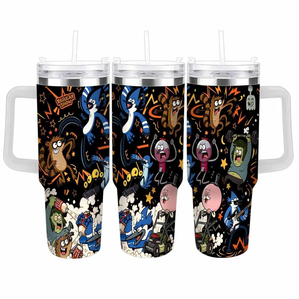 Regular Show Printed Vacuum Insulated Stainless Steel Tumbler - 30oz/40oz Cylindrical Cartoon Graphic, Modern Leakproof Portable Water Bottle with Handle, Lid & Straw, Durable Large Capacity Travel Mug for Road Trips, Birthday Gifts for Enthusiasts, Water