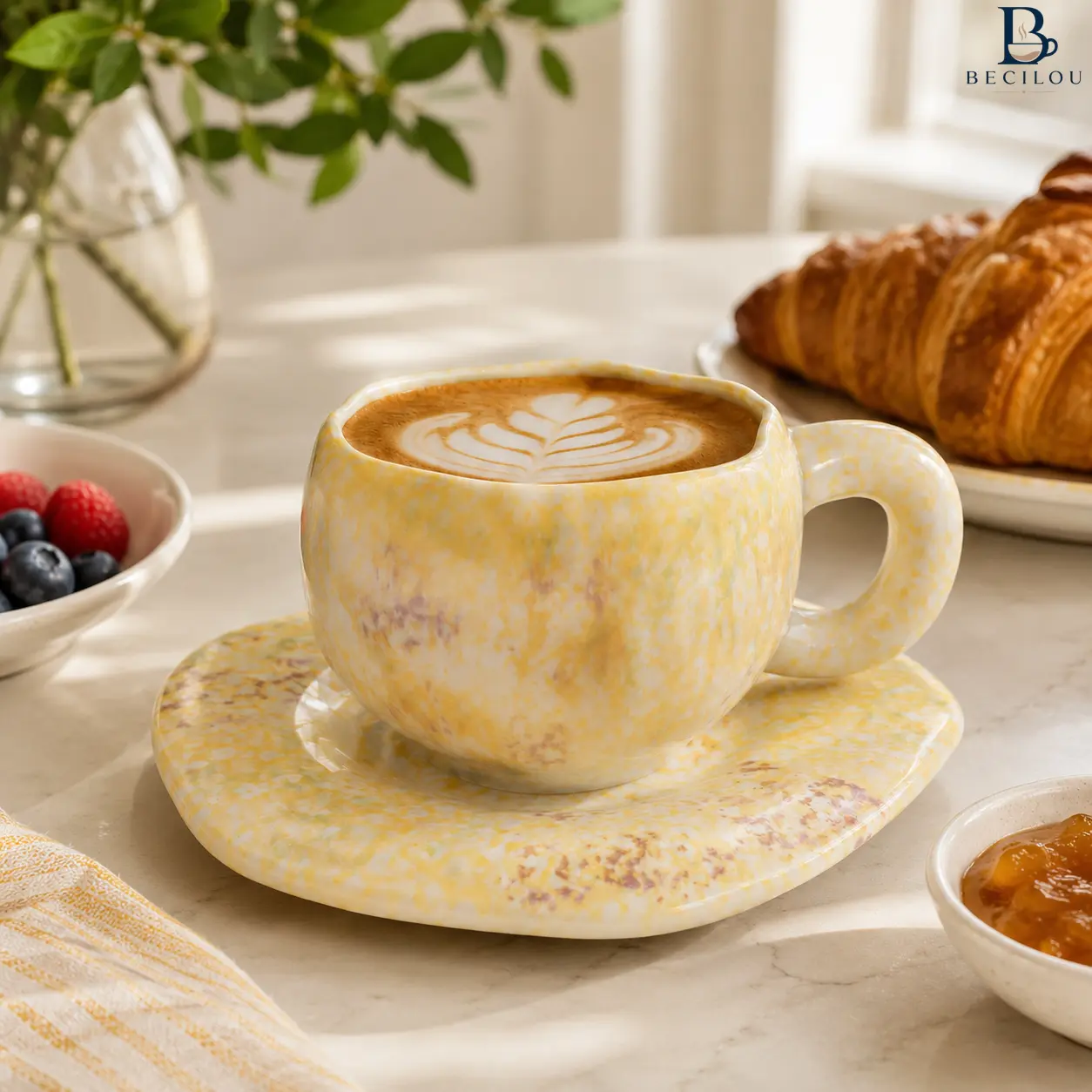 BECILOU Creative Ceramic Mug Set, 10 oz Reactive Glaze Coffee Cup & Saucer, Irregular Wavy Rim Espresso Mug for Home & Office, Gift for Coffee Lovers
