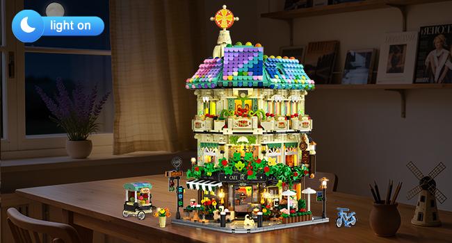 Flower Cafe House Building Set with Lights, 1876 PCS City Street Corner Shop Construction Model, Art Architecture Modular Building Block Kit Home Decor, Gift for Adults Teens Boys Girls 12+