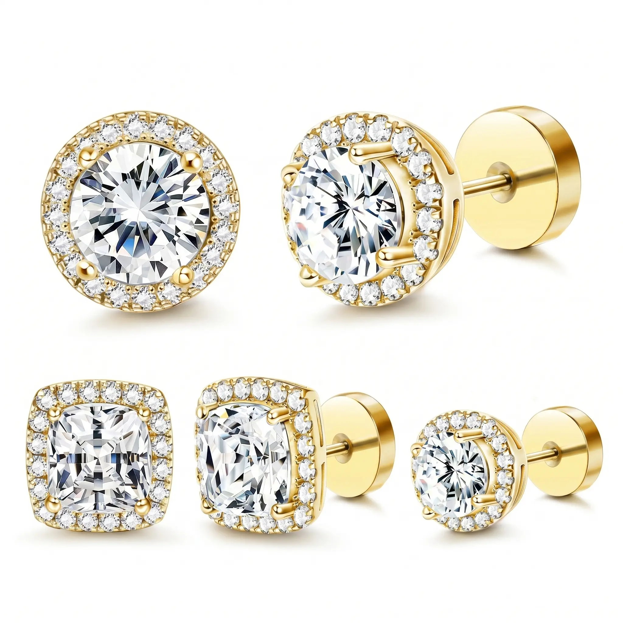 YLNWH Luxury Halo Zircon Stud Earrings 4-Pack, Gold & Silver Round/Square Styles, Hypoallergenic Copper-Plated, Comfortable Daily Wear, Versatile Fashion Accessories for Women & Adults, Jewelry Box Included, Birthday Gifts for GF