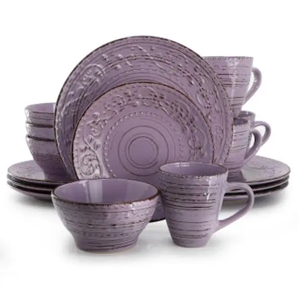 Elama Malibu Mica 16-Piece Reactive Glaze Stoneware Dinnerware Set, Purple with Swirl Details, Coastal Charm, Dishwasher & Microwave Safe for Casual Meals, Dinnerware Sets