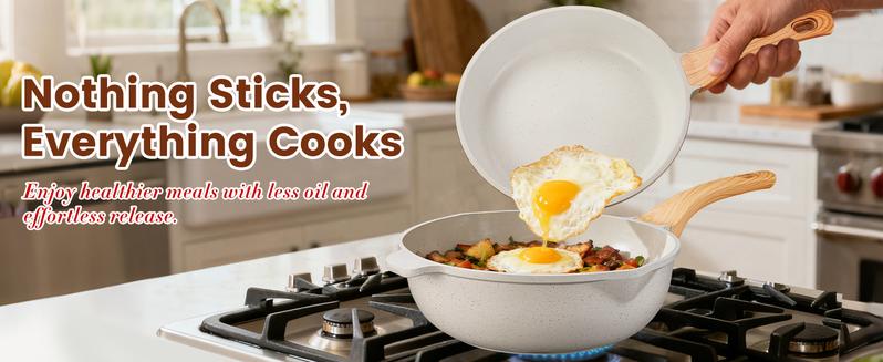 27PCS Pots and Pans Set, Nonstick Ceramic Cookware Set, Healthy Kitchen Cooking Set with Gloves, Apron, Silicone Tools & Pot Protectors, Oven & Dishwasher Safe, PFOA/PFOS Free，Ivory