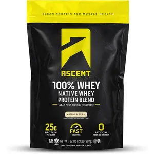 Ascent 100% Whey Protein Powder – Whey Protein Isolate for Muscle Recovery, 5.5g BCAA & 2.6g Leucine, No Artificial Flavors, Vanilla Bean, 2 lb