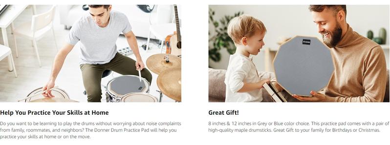 Donner Drum Practice Pad 8 Inches, Silent Practice Drum Pad 2-Sided With Drum Sticks - Gray/Blue