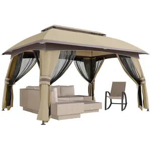 Outsunny 10' x 13' Patio Gazebo, Outdoor Gazebo Canopy Shelter with Netting, Vented Roof, Steel Frame for Garden, Lawn, Backyard, and Deck, Beige