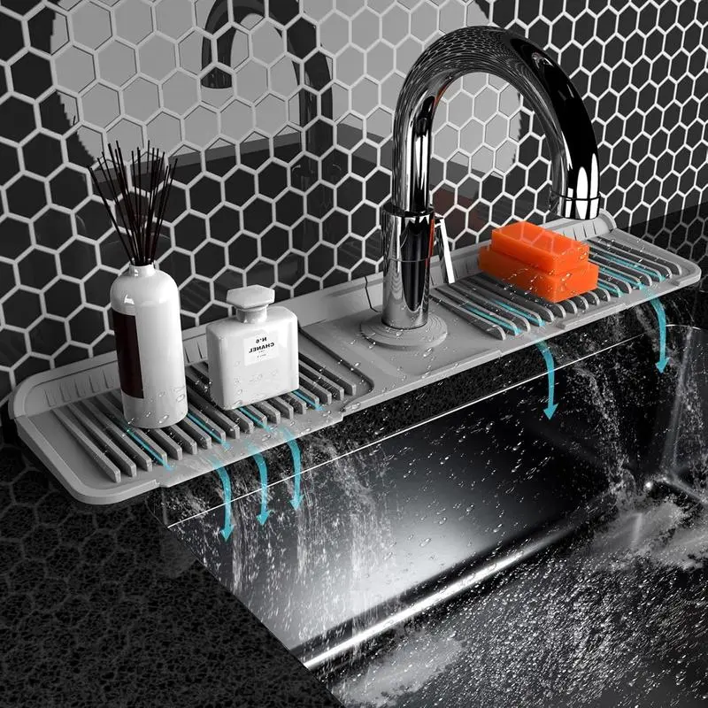 Kitchen Sink Faucet Mat, Silicone Folding Splash Guard, Draining Mat with Button Lock, Sink Faucet Protector, Sink Accessories for Kitchen Household Items Cleaners
