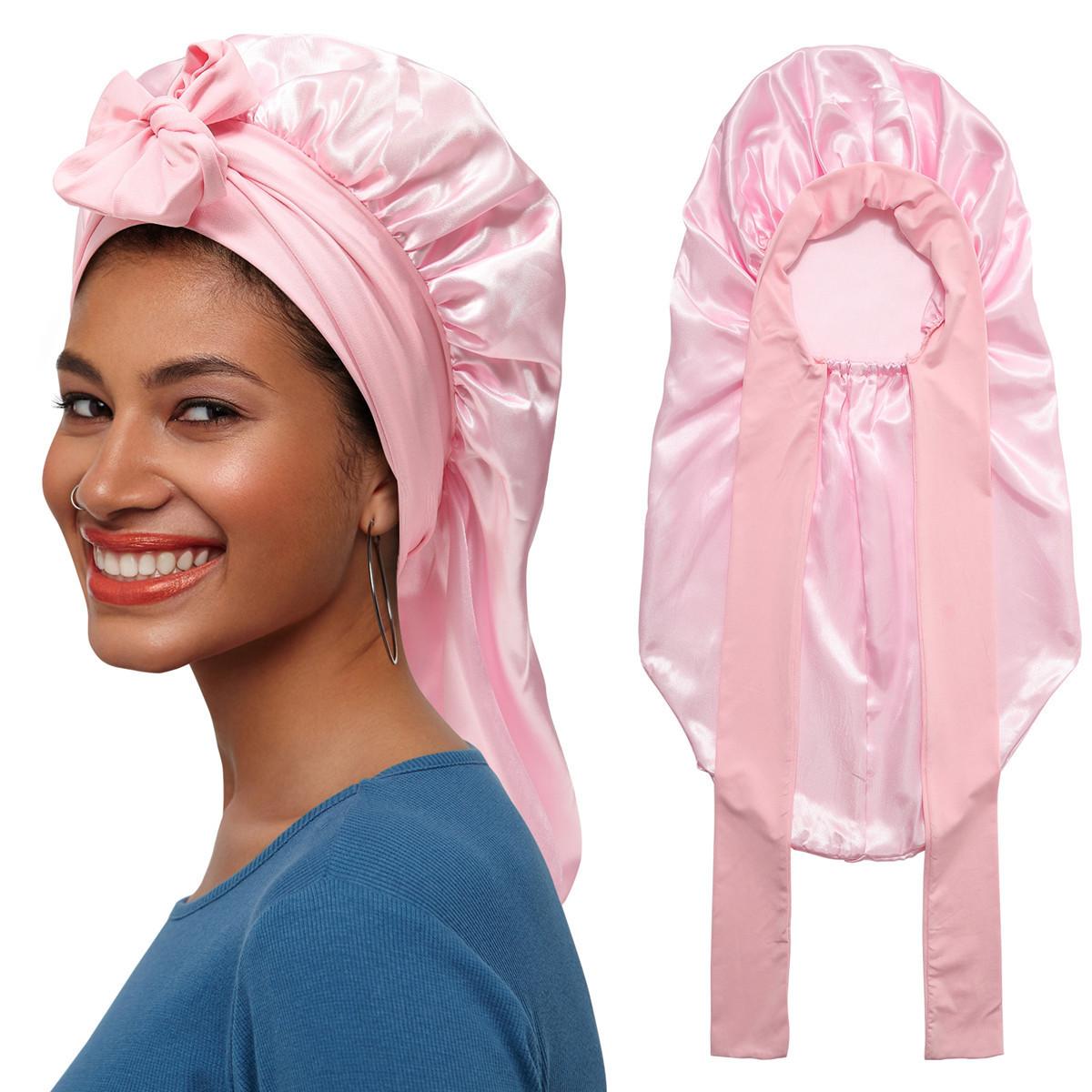 Single-Layer Summer Cool Style Solid Color Long Satin Bonnet Sleep Cap Adjustable Care Nightcap for Women Braids Curly Hair Natural Hair Wrap for Sleeping Cap with Tie Band Elastic Hair Care Bonnet