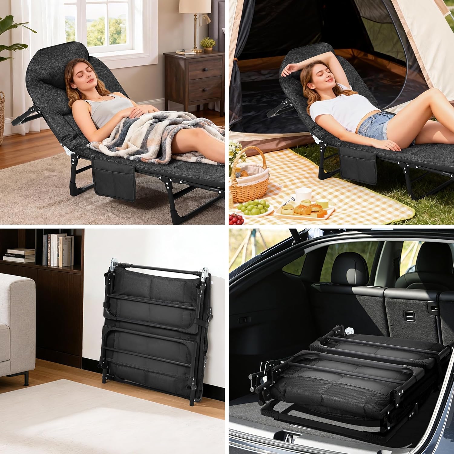 78.7”x26”x11.8” Foldable Bed with Memory Foam - 6-Position Adjustable & 700lb Capacity Picnic Chair Camping Lounger Outdoor Chair