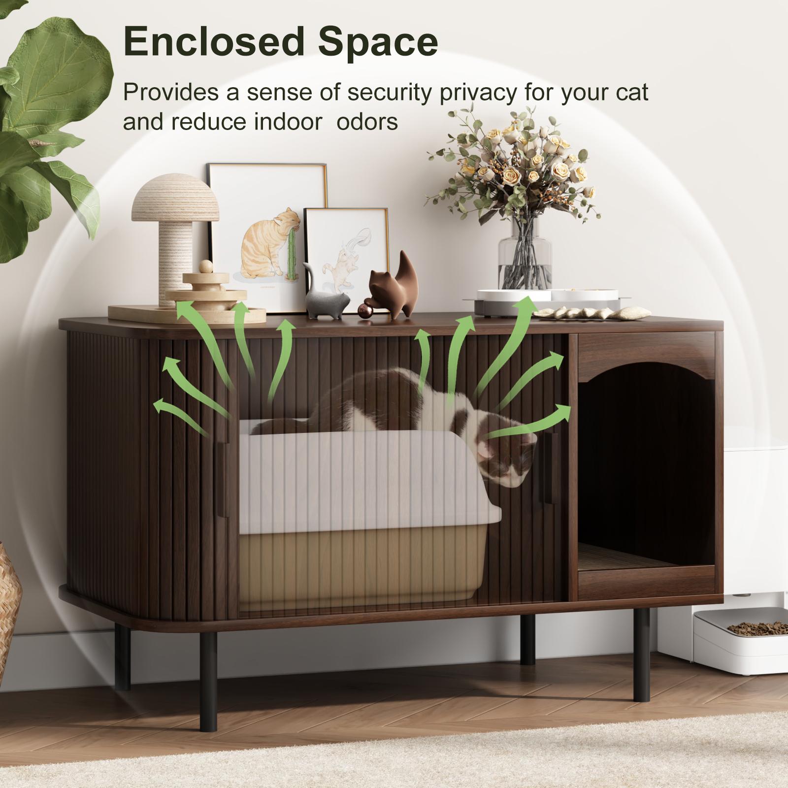 Fluted Hidden Cat Litter Box Enclosure – Modern Wood Furniture with Scratching Pad, Large Indoor Cat House Cabinet Side/End Table for Living Room & Entryway Fluted Hidden Cat Litter Box Enclosure – Modern Wood Furniture with Scratching Pad, Large Indoor Cat House Cabinet Side/End Table for Living Room & Entryway