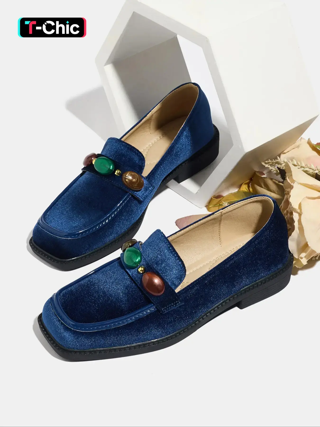 Women's Fashion Fall New Warm Casual Footwear Velvet Thick Rubber Sole Blue Square Toe Mid Heel Soft Bottom Outdoor Lightweight Breathable Slip-On Walking Shoes Low Top Loafers Footwear