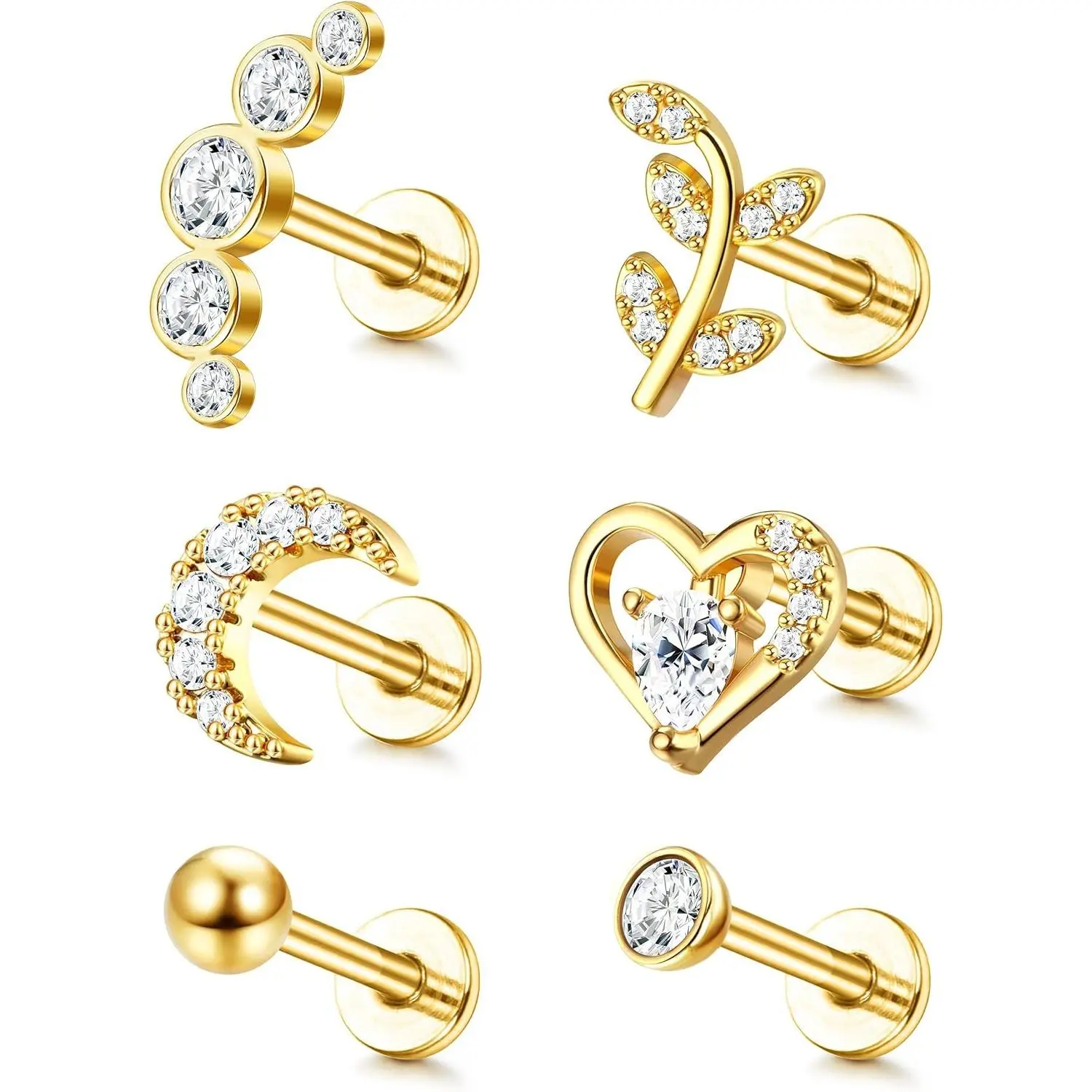 YADOCA 6-Piece Classic Body Jewelry Set - 16G Stainless Steel Cubic Zirconia Flat Back Earrings, Internally Threaded Ball Style Studs for Women (Any Age), Helix, Tragus, Conch, Nose Piercing, Engagement Use