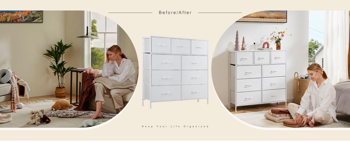 Fabric Storage Tower with 9 Drawers,  Chest of Drawers with Fabric Bins,Bedroom Drawer Dresser Organizer, Steel Frame and Wood Top