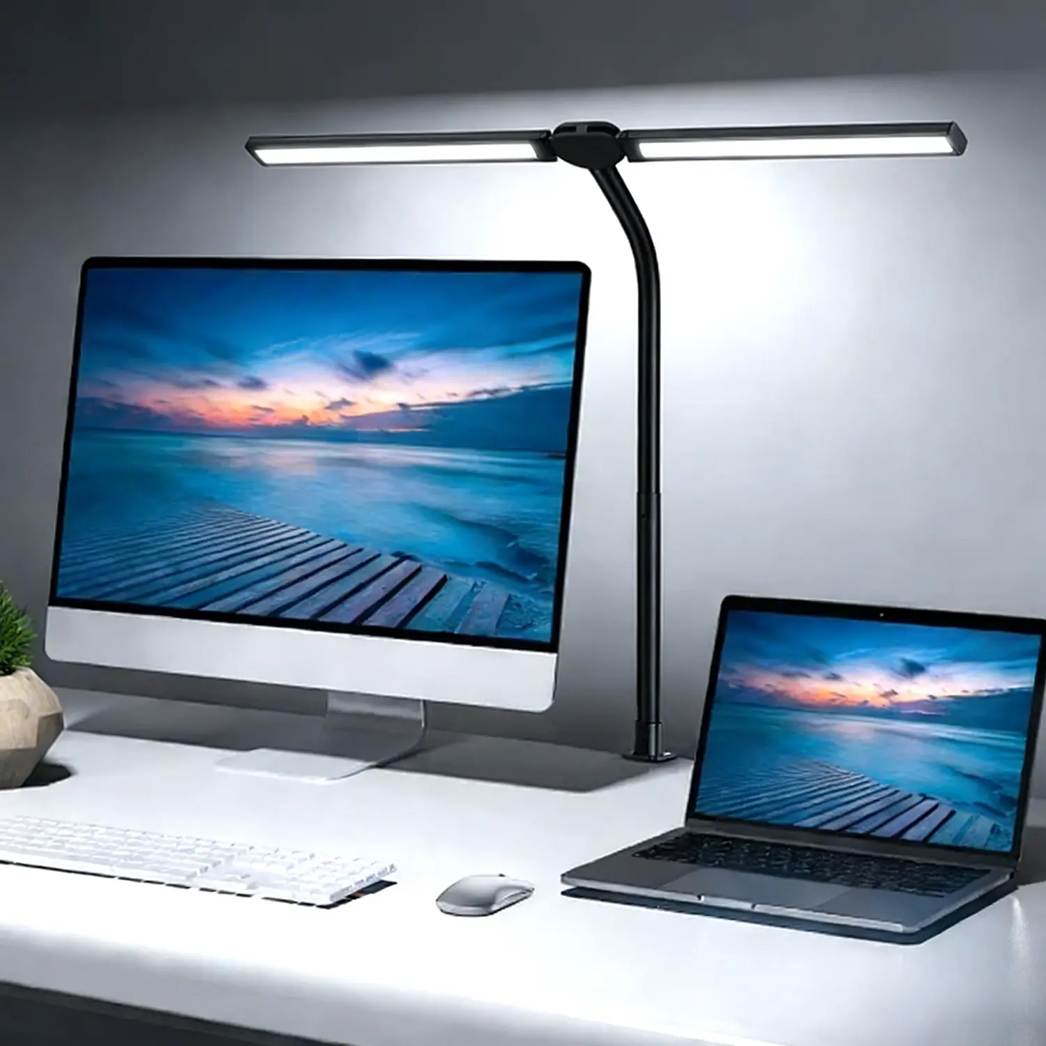 YEEWHALE Adjustable Lights LED Desk Lamp - Clamp-On Table Lamp with Dimmable Dual Heads, Modern Architect Style, Color Changing Flexible Gooseneck for Home Office Computer Monitor, Black Book Light, Table Lamps