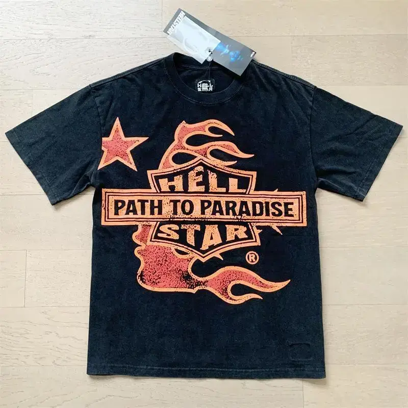 Hell Star Ins Same Vintage Printed Top Men's and Women's Casual Trend Cotton Washed Short Sleeve T-shirt Womenswear Tshirt Streetwear Summer Crewneck Oversize Hell Star Ins Same Vintage Printed Top Men's and Women's Casual Trend Cotton Washed Short Sleeve T-shirt Womenswear Tshirt Streetwear Summer Crewneck Oversize