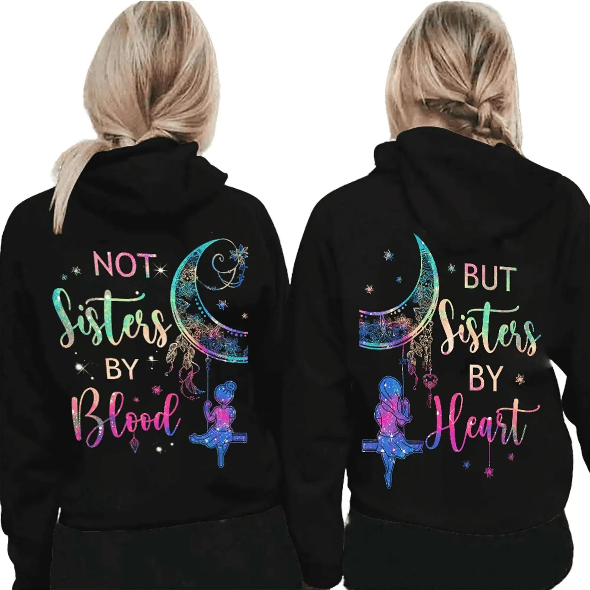 [Made in USA] Women's Casual Fit Longsleeve Seamless Spandex Pocket Galaxy Hoodies - 2-Piece Best Friend Matching Set, Not Sisters By Blood But By Heart, Valentine’s Day Gift, Cozy Fall Winter Fleece Tops, Thanksgiving Independence Day Wear