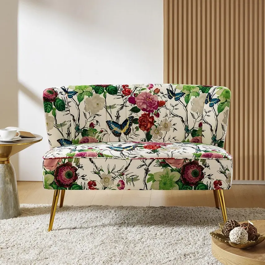 Modern Botanical Upholstered Loveseat with Gold Legs