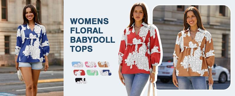 Imily Bela Womens Floral Peplum Babydoll Tops 3/4 Puff Sleeve Pleated Blouse Cute Casual V Neck Loose Fit Flowy Boho Shirts