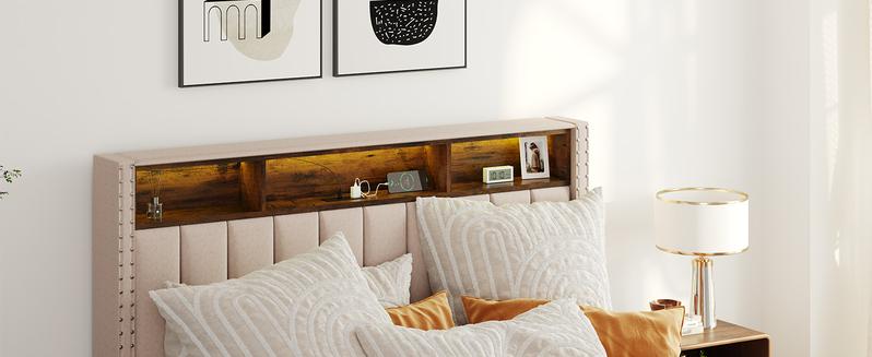 Upholstered Storage Bed Frame With LED Lights – 4 Built In Drawers & Headboard Charging Station – Modern Platform Bed For Small Bedroom And Master Suite