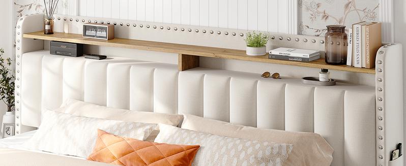 King Size Bed Frame with Storage & Headboard, Upholstered Queen or Full Size Divan Beds with Drawers & Shelves, Luxury Bed Frames- Modern Luxury Home Interior Furniture