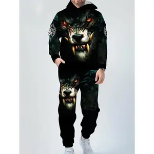Men's 3D Wolf Print Hoodie and Sweatpants Set - Soft and stretchy fabric, casual sports style, machine washable - Perfect choice for autumn and winter seasons