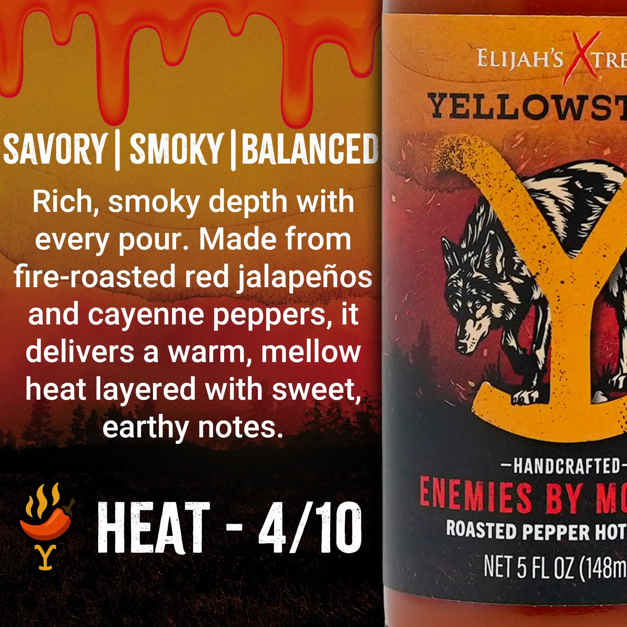 Elijah's Xtreme + Yellowstone Hot Sauce Variety Pack 4 Bottle Gift Set with Garlic Habanero, Ghost Pepper, Carolina Reaper, & Roasted Jalapeno, Vegan Gluten-Free Cowboy-Inspired Heat for BBQ Tacos Wings & Flavor