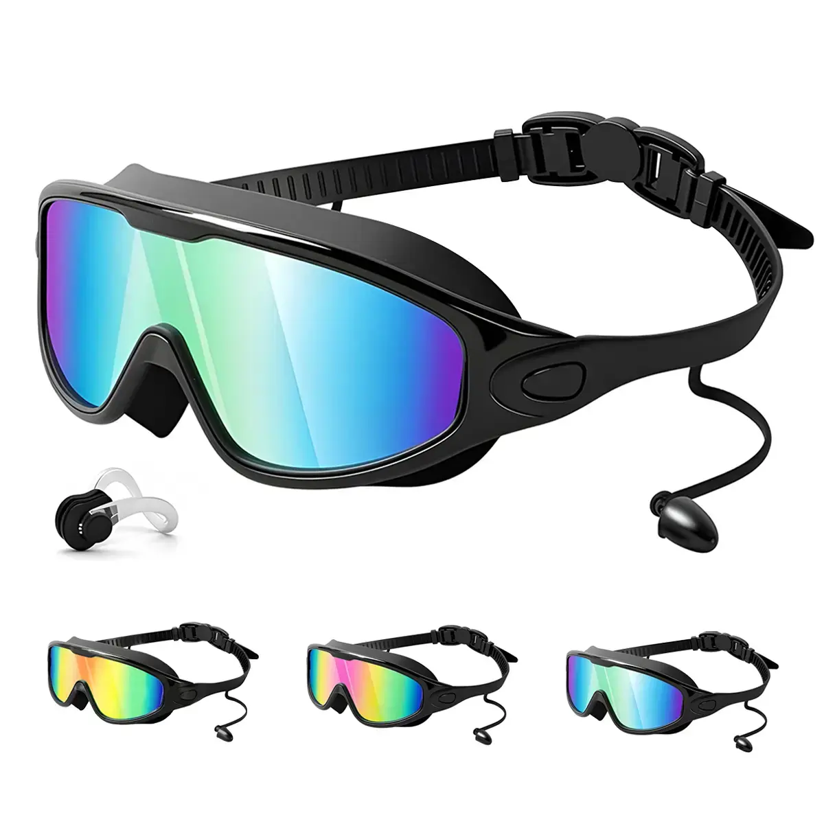 summervibes Unisex Adjustable Silicone Swim Goggles for Adults, Anti-Fog Full-Coverage 180° Wide View, Waterproof Earplugs & Nose Clip, Bright Multicolor UV Lens, Snug Fit for Outdoor Swimming Summer Activities, Uv Lenses