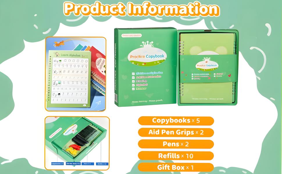 Reusable Handwriting Practice Copybook Set with 5 Handwriting Practice Books,2 Pen, 10 Pen Refills & 1 Pen Grip, School & Educational Supplies，Learning Handwriting Practice Workbooks for Kids,SuitableFor Birthday、christmas、Halloween and Thanksgiving gifts
